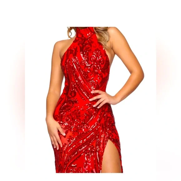FN Red Halter Sequin Gown! - Picture 2 of 10